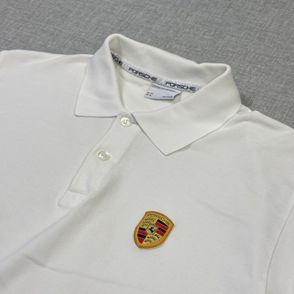 Porsche Design Driver's Selection Polo Shirt Mens L/XL White Cotton Knit Crest